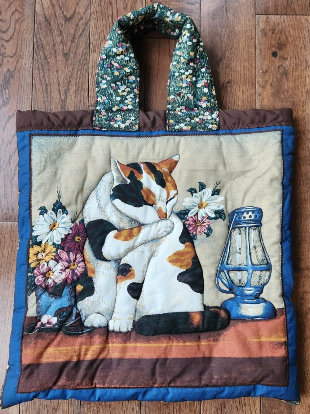 Vintage Handmade Quilt Style Cat Tote Bag